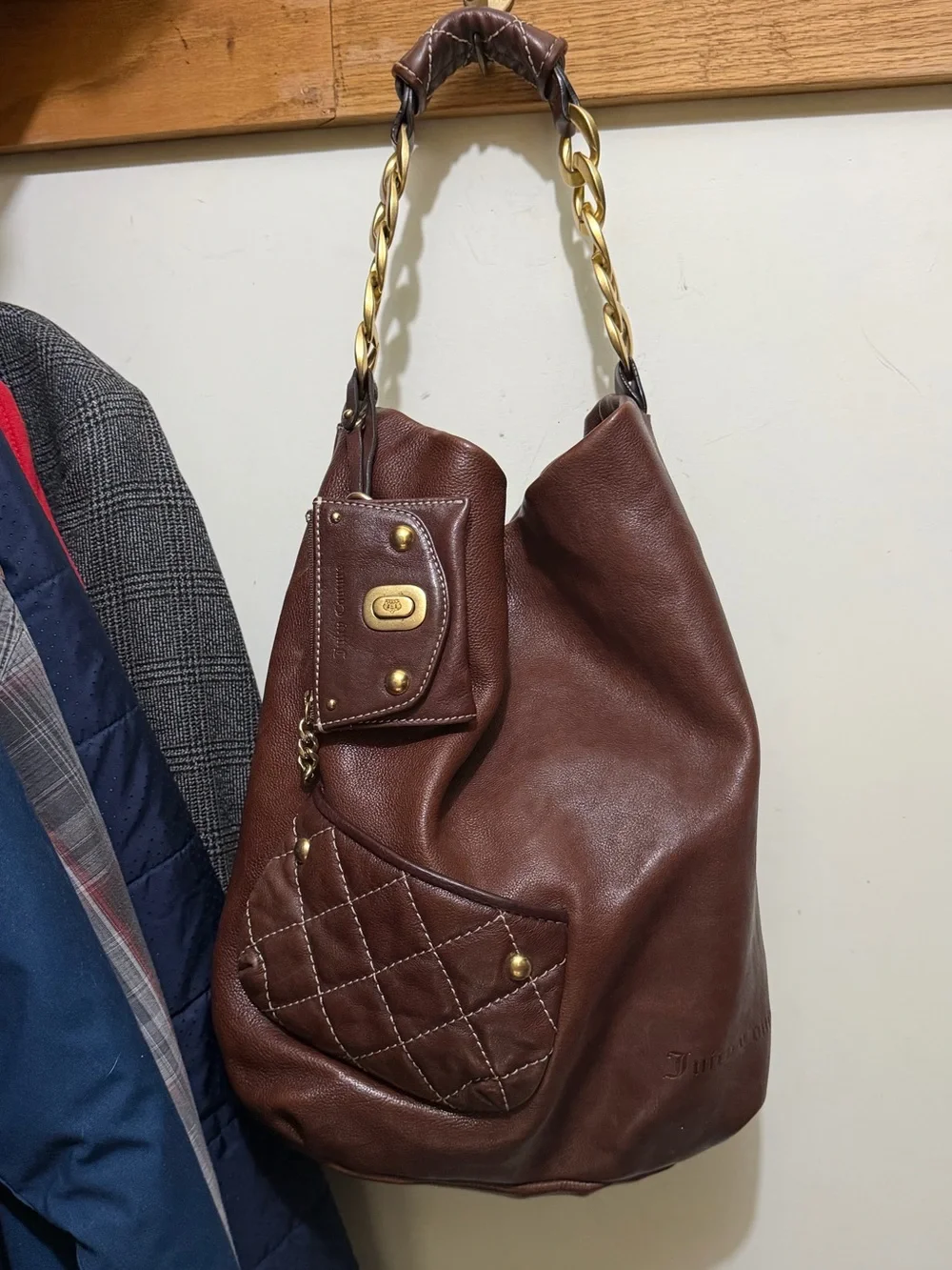 VTG Juicy Couture Brown Leather Hobo Bag Quilted Pocket Pouch Charm Y2K Slouchy